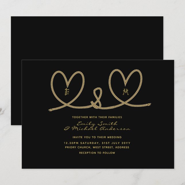Moderne Hochzeitseinladungen - Black Gold Rope Hea Einladung (Vorne/Hinten)
