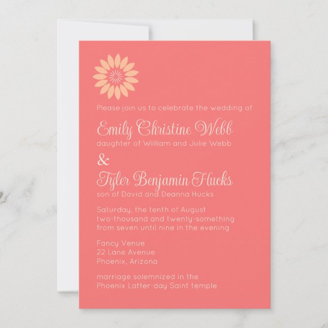 Moderne Hochzeitsempfehlung für Coral & Peach Einladung (Vorderseite)