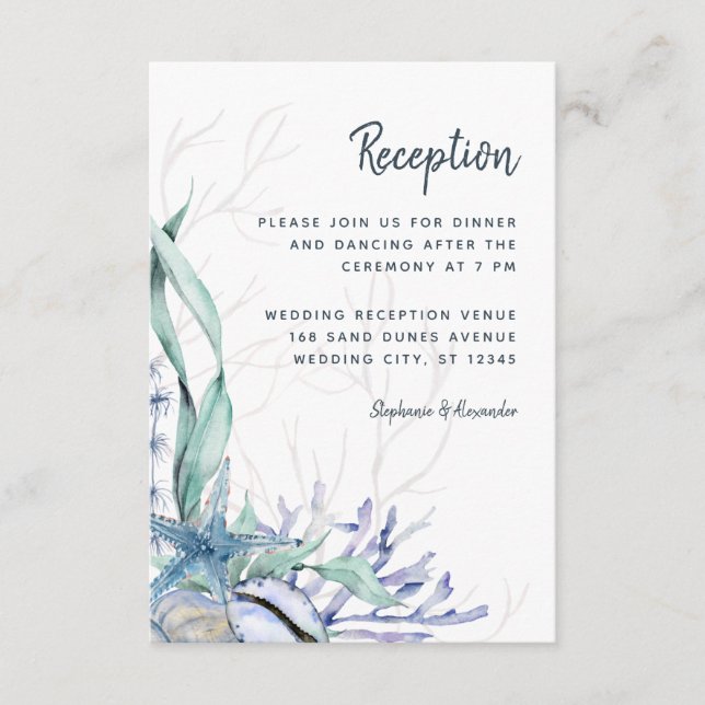 Moderne Hochzeitsempfehlung für Ocean Beach Blue Begleitkarte (Vorderseite)