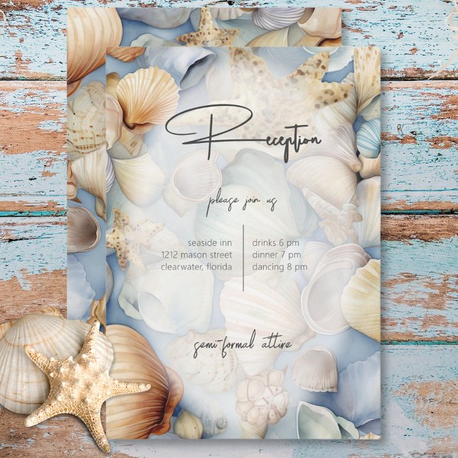 Moderne Hochzeitsempfehlung im tropischen Seashell Begleitkarte (Tropical Seashells Scene Modern Wedding Reception Enclosure Card)