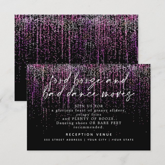Moderne Hochzeitsempfehlung Magenta Glitzer Einladung (Vorne/Hinten)