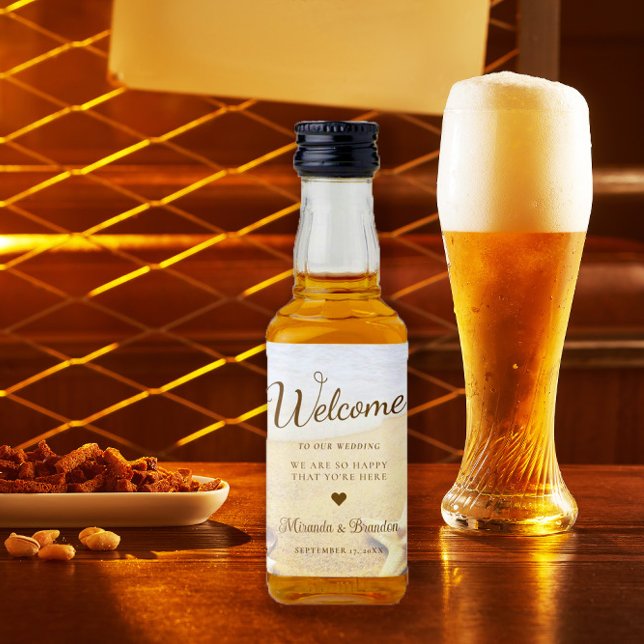 Moderne Hochzeitsfeier am tropischen Strand Alkoholflaschenetikett (Von Creator hochgeladen)