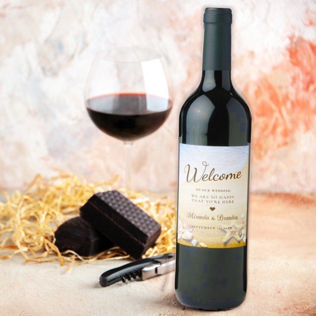 Moderne Hochzeitsfeier am tropischen Strand Weinetikett (Von Creator hochgeladen)