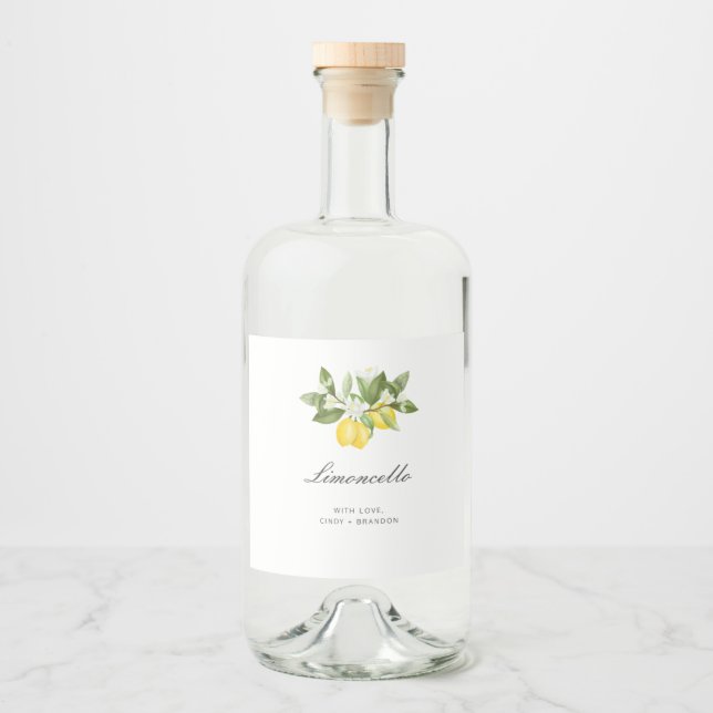 Moderne Hochzeitsfeier Gefallen Limoncello Lemon Alkoholflaschenetikett (Vorderseite)