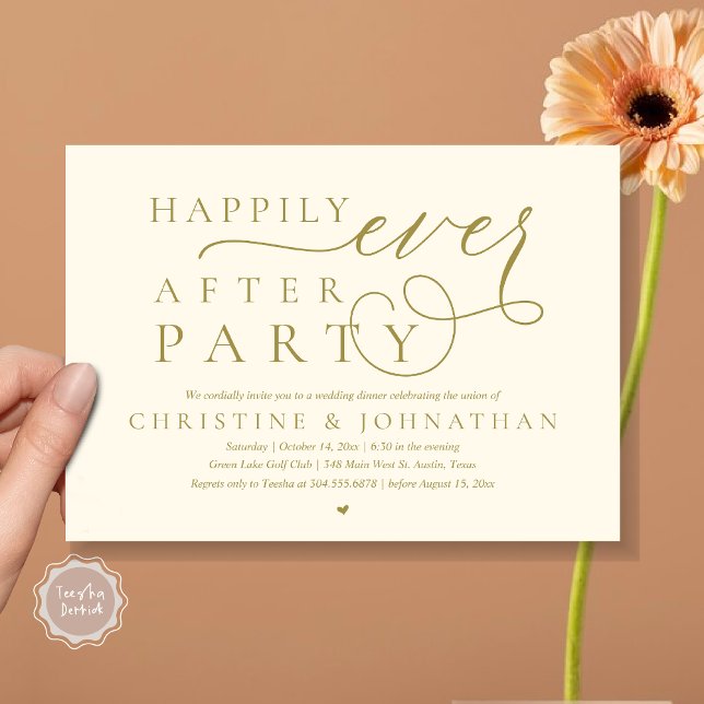 Moderne Hochzeitsfeier, glücklicherweise immer nac Einladung (Modern Cute Wedding Elopement, Happily Ever After Party Invitation Card, PDF, in Yellow Gold)