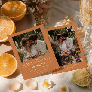 Moderne Hochzeitsfeier in weißem Orange-Foto Save The Date