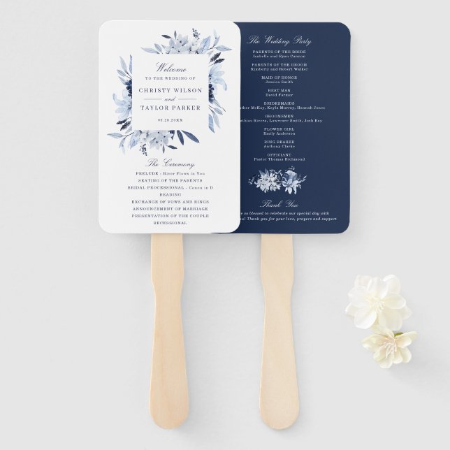 Moderne Hochzeitsfeier mit blauer Flora Fächer (Vorne und Hinten)