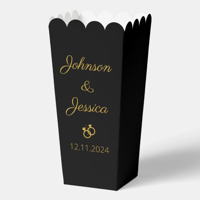 Moderne Hochzeitsfeier schwarz-goldenes Popcorn Geschenkschachtel (Vorderseite)