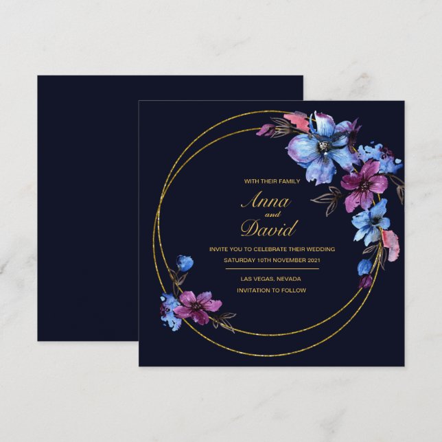 Moderne Hochzeitsfeier von Royal Blue Floral Einladung (Vorne/Hinten)