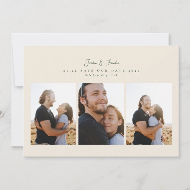 moderne Hochzeitskalligrafie mit 4 Fotos Save The Date (Vorderseite)