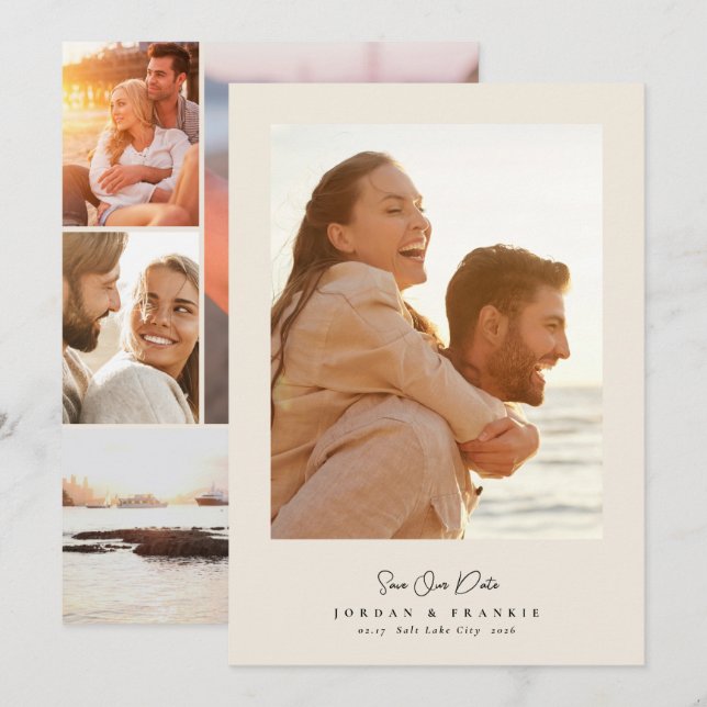 moderne Hochzeitskalligrafie mit 5 Fotos Save The Date (Vorne/Hinten)