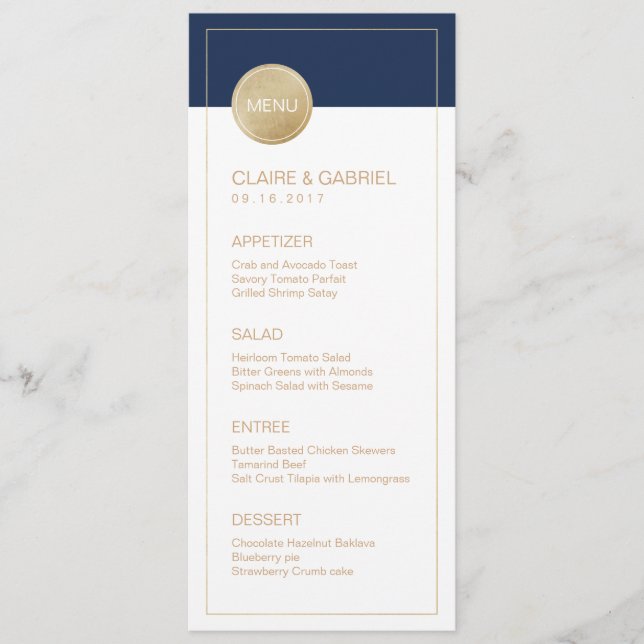 Moderne Hochzeitskarte mit blauem Minimalisten Menükarte (Vorderseite)
