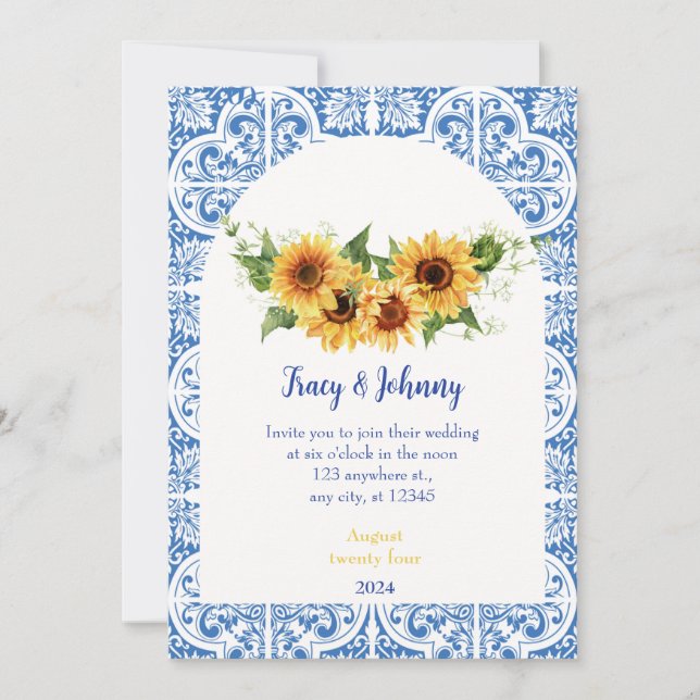 Moderne Hochzeitskarte mit blauen und weißen Flies Einladung (Vorderseite)