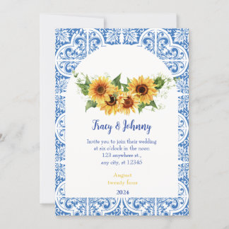 Moderne Hochzeitskarte mit blauen und weißen Flies Einladung