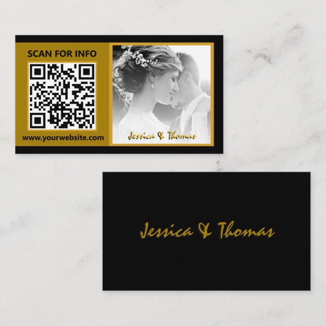 Moderne Hochzeitskarten, QR-Code, Foto, Schwarz Visitenkarte (Vorne/Hinten)