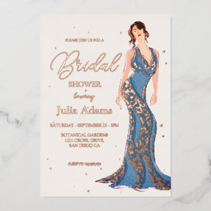 Moderne Hochzeitskleider aus Roségold zur Brautpar Folieneinladung