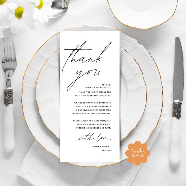 Moderne Hochzeitsmahlzeiten dank Karte (Modern Wedding Dinner Lunch Brunch Celebration Place Setting Thank You Card in Black White)