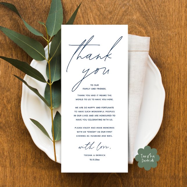 Moderne Hochzeitsmahlzeiten dank Karte (Modern Wedding Dinner Lunch Brunch Celebration Place Setting Thank You Card in Navy Blue)