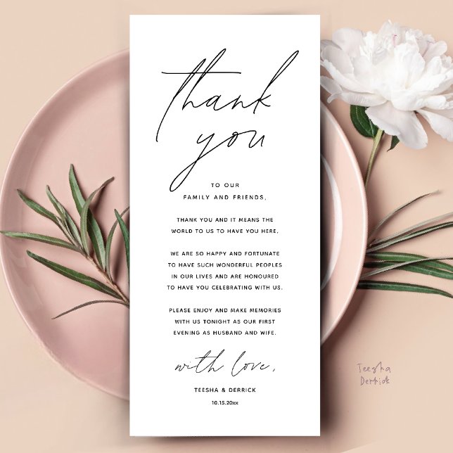 Moderne Hochzeitsmahlzeiten dank Karte (Modern Wedding Dinner Place Setting Thank You Card Reception Brunch Lunch in Black and White)