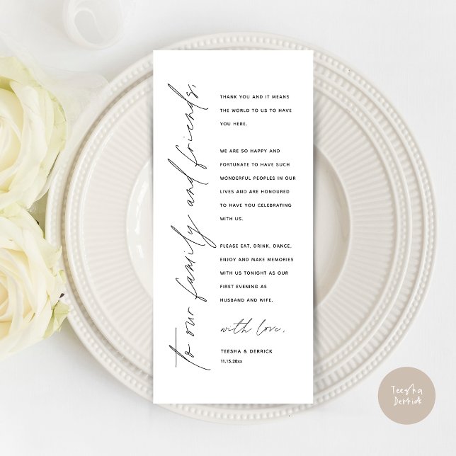 Moderne Hochzeitsmahlzeiten dank Karte (Wedding Dinner Place Setting Thank You Card, Modern Minimalist Script, in Black and White)