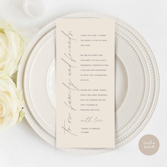 Moderne Hochzeitsmahlzeiten dank Karte (Wedding Dinner Place Setting Thank You Card, Modern Minimalist Script, in Cream and Grey)
