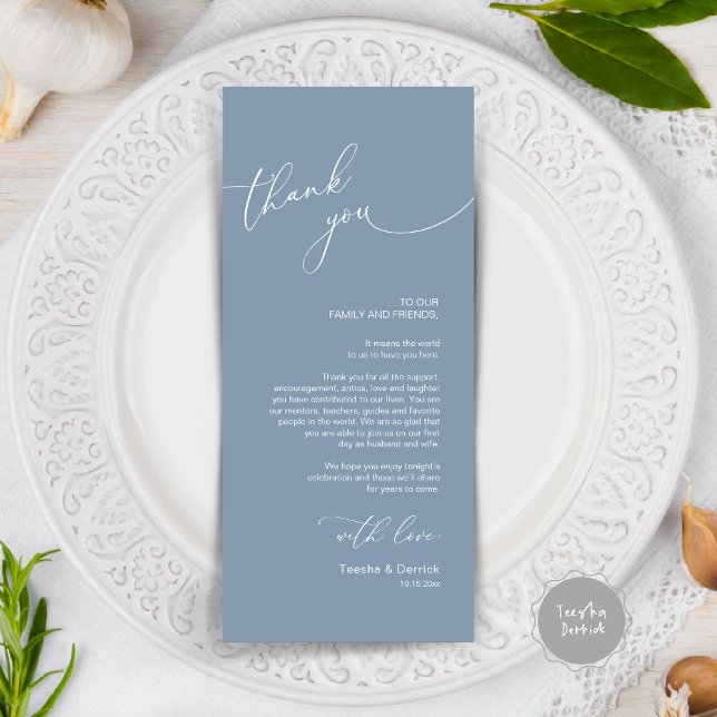 Moderne Hochzeitsmahlzeiten dank Karte (Modern Wedding Dinner Place Setting Thank You Card, in dusty blue)