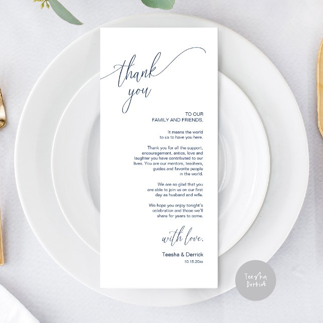Moderne Hochzeitsmahlzeiten dank Karte (Modern Elegant Wedding Dinner Place Setting Thank You Card, in Navy Blue)