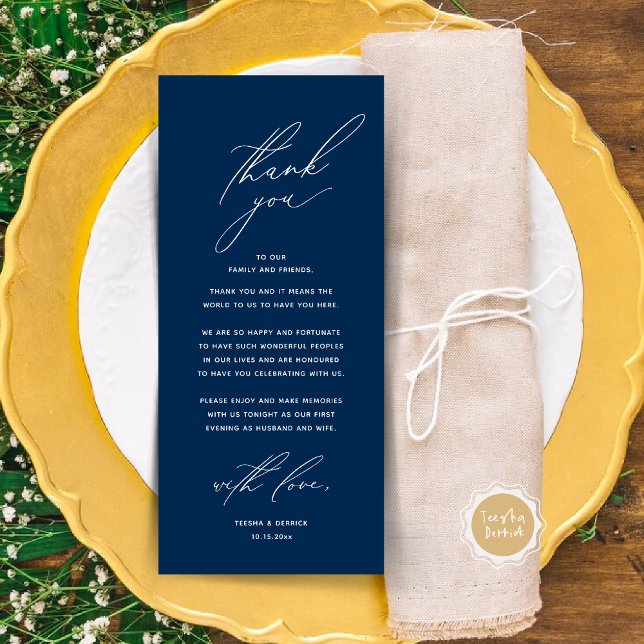 Moderne Hochzeitsmahlzeiten dank Karte (Modern Wedding Dinner Place Setting Thank You Card, Minimalist Navy Blue)
