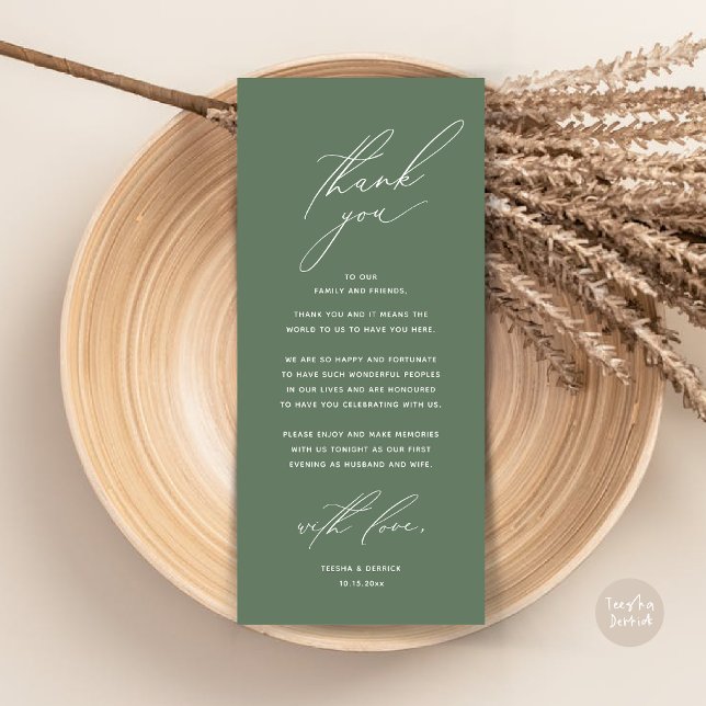 Moderne Hochzeitsmahlzeiten dank Karte (Modern Wedding Dinner Place Setting Thank You Card, Minimalist Forest Sage Green)