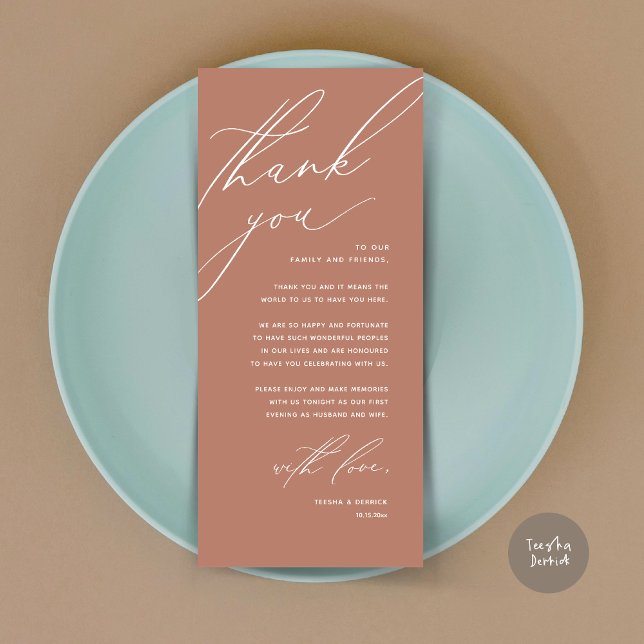 Moderne Hochzeitsmahlzeiten dank Karte (Modern Wedding Dinner Place Setting Thank You Card, Minimalist Terracotta Earthy Brown)