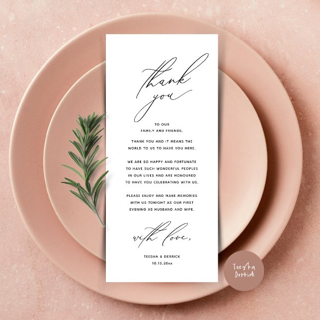 Moderne Hochzeitsmahlzeiten dank Karte (Modern Wedding Dinner Place Setting Thank You Card, Minimalist Black White)