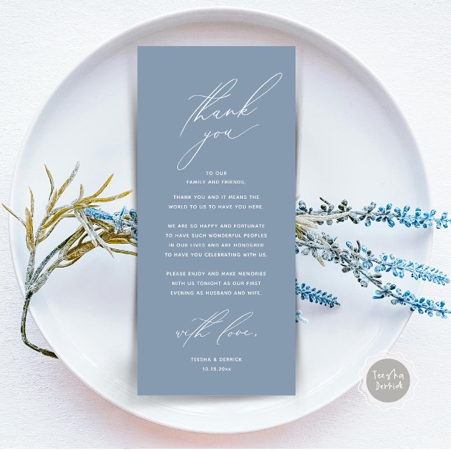 Moderne Hochzeitsmahlzeiten dank Karte (Modern Wedding Dinner Place Setting Thank You Card, Minimalist Dusty Blue)