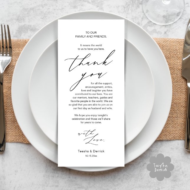 Moderne Hochzeitsmahlzeiten dank Karte (Modern Minimalist Wedding Dinner Place Setting Thank You Card in Black White)