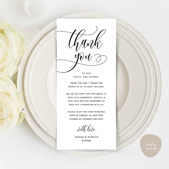 Moderne Hochzeitsmahlzeiten dank Karte (Wedding Dinner Place Setting Thank You, Welcome and Thanks Card, in Classy White Black)