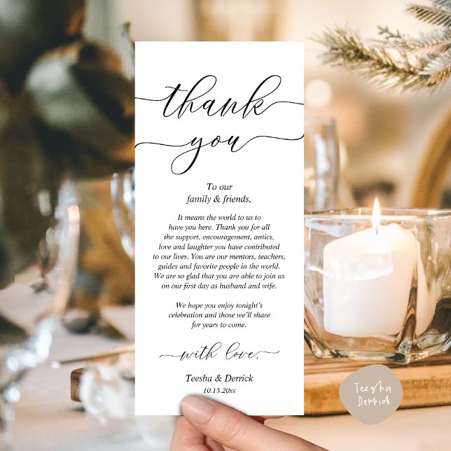Moderne Hochzeitsmahlzeiten dank Karte (Modern Romantic Wedding Place Setting Thank You Card for Dinner Brunch Lunch Party  in White Black)