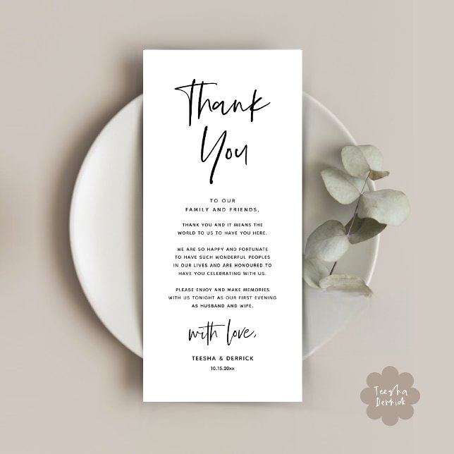 Moderne Hochzeitsmahlzeiten dank Karte (Welcome and Thanks, Modern Wedding Dinner Brunch Party Place Setting Thank You Card White Black)