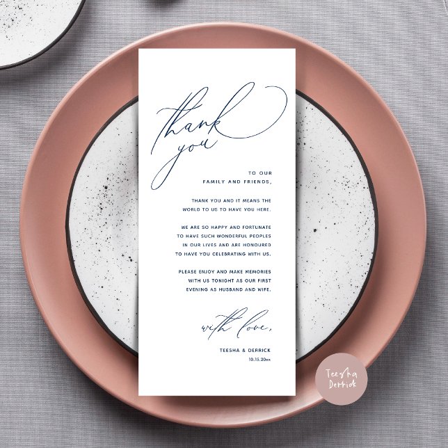 Moderne Hochzeitsmahlzeiten dank Karte (Modern Wedding Dinner Place Setting Thank You Card, Romantic Plate Decor, in Navy Blue)