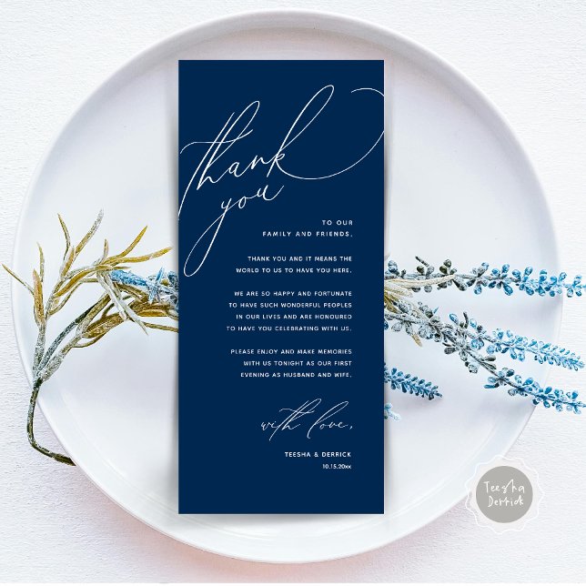 Moderne Hochzeitsmahlzeiten dank Karte (Modern Wedding Dinner Place Setting Thank You Card, Romantic Plate Decor, in Navy Blue)