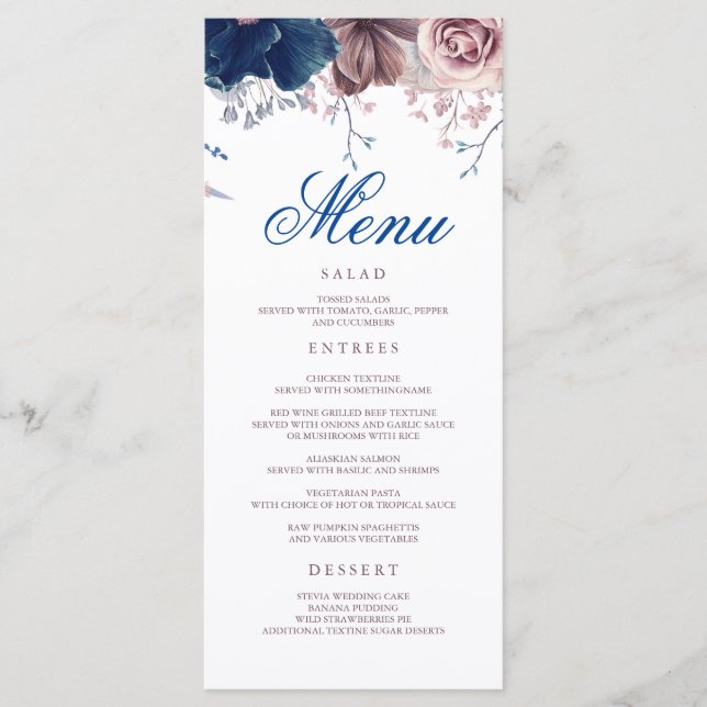 Moderne Hochzeitsmenüs von Navy Blue und Mauve Flo Programm (Vorderseite)
