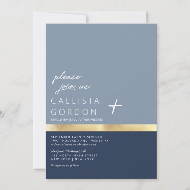 Moderne Hochzeitsnacht mit blauem Gold-Farbblock Einladung (Vorderseite)
