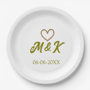 Moderne Hochzeitspaar-Name-Buchstabe Golden Heart Pappteller
