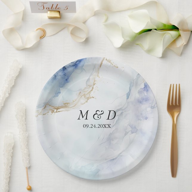Moderne Hochzeitspapier-Teller aus blauem Marmor Pappteller (Hochzeit)