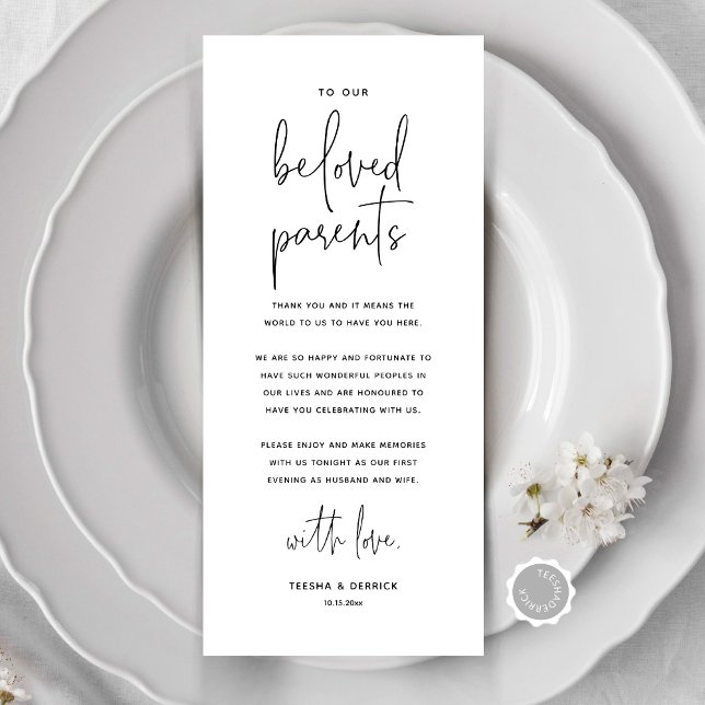 Moderne Hochzeitsplattform dank Karte (Modern Minimalist Wedding Place Setting Thank You Card, Dinner Place Decor, Online Editable)