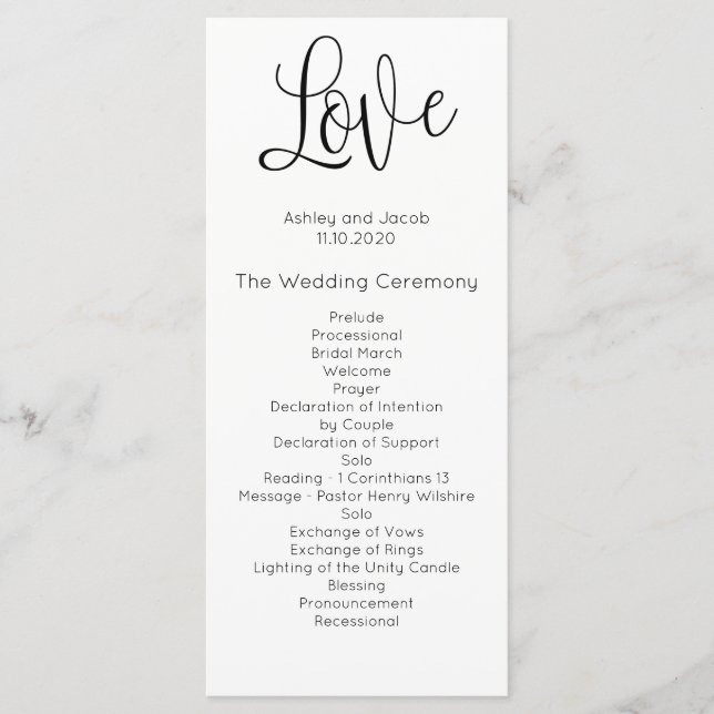 Moderne Hochzeitsprogramm. Liebe. Einfache Zeremon Programm (Vorderseite)