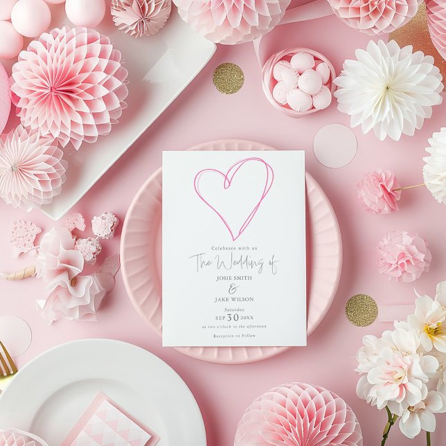 Moderne Hochzeitsreise mit rosa Liebe Einladung (Modern wedding invitation with hand-drawn style pink heart and minimalist script design.)