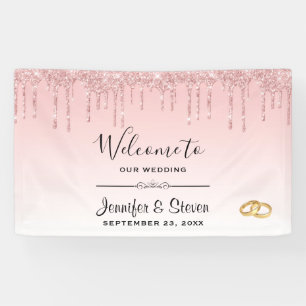 Moderne Hochzeitsrosa Glitzer Tropfen & Goldene Ri Banner