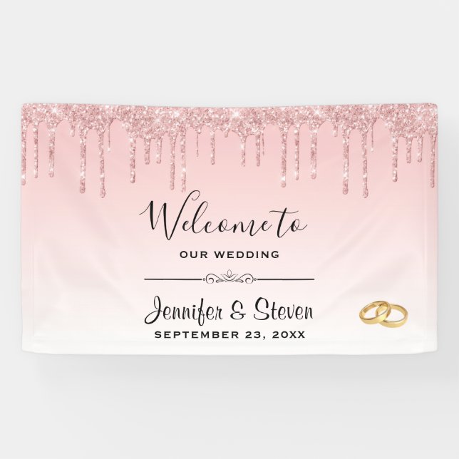 Moderne Hochzeitsrosa Glitzer Tropfen & Goldene Ri Banner (Horizontal)