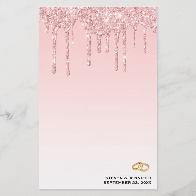 Moderne Hochzeitsrosa Glitzer Tropfen & Goldene Ri Briefpapier (Vorderseite)