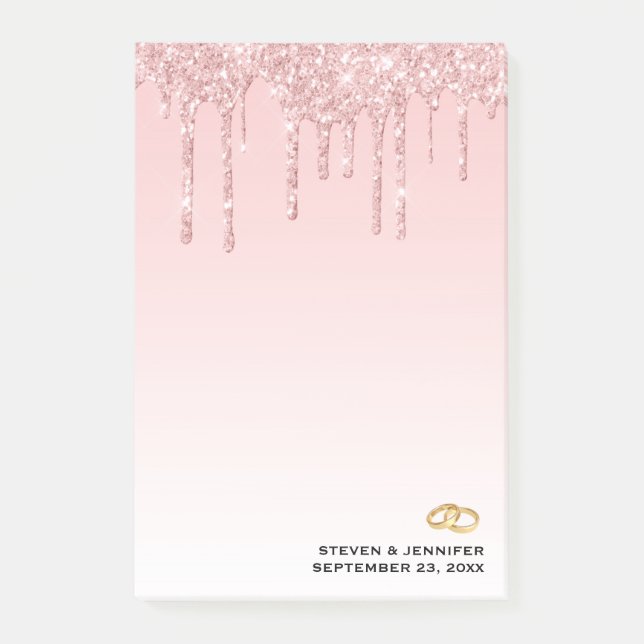 Moderne Hochzeitsrosa Glitzer Tropfen & Goldene Ri Post-it Klebezettel (Vorderseite)