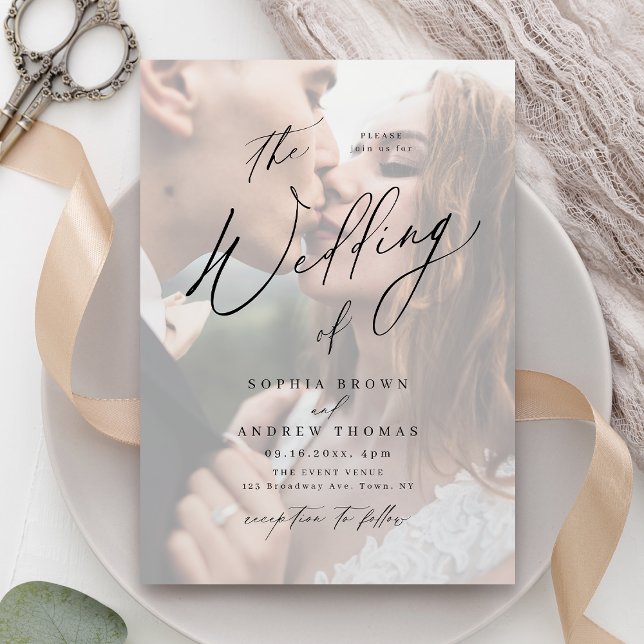 Moderne Hochzeitsschrift für minimalistisches Foto Einladung (Elegant modern script minimalist photo wedding invitation)